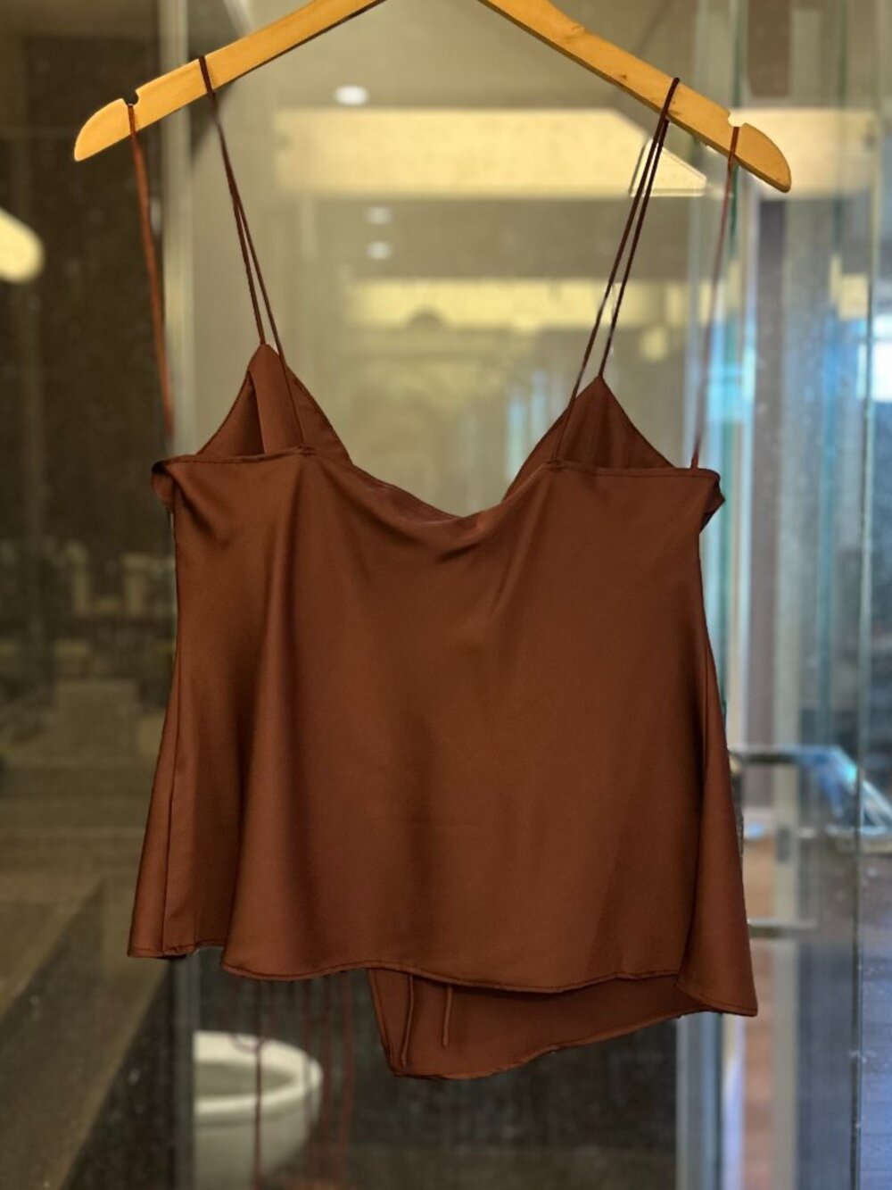 LIONESS Mariah Satin-Feel Asymmetric Cut-Out Tie-Front Cami Top (Garnet Brown) - Picture 9 of 16